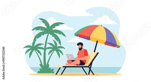 Relaxed man working on a laptop while sitting on a beach chair under a colorful sun umbrella near palm trees.
