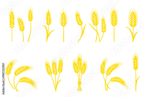 Wheat Ears Silhouette Set, A collection of seven black vector icons depicting various styles of wheat and rye ears with stalks