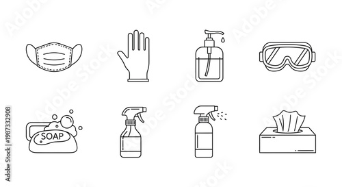 Essential hygiene and protection icons masks gloves sanitizers and cleaning supplies for health safety