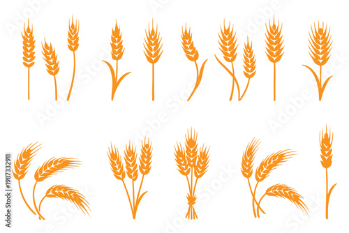 Wheat Ears Silhouette Set, A collection of seven black vector icons depicting various styles of wheat and rye ears with stalks