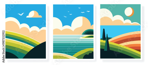 Vector Set of Abstract Landscape Posters Featuring Minimalist Nature Scenes with Rolling Green Hills Coastal Views and Sunny Skies