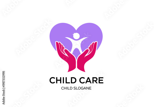Child Care Logo featuring a Purple Heart, Caring Pink Hands, and Happy Child Silhouette; ideal for Pediatrics, Adoption, Charity, and Parenting Foundations