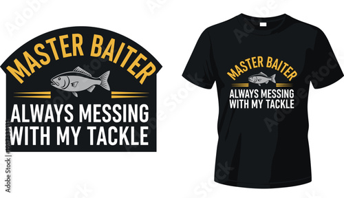 Funny fishing t-shirt design with master baiter text and fish graphic for fishermen who love angling tackle and humor based apparel