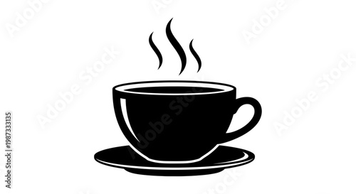 A simple black and white illustration of a steaming hot cup of coffee on a saucer