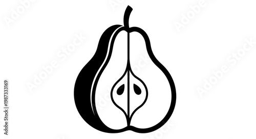 A striking black and white illustration of a halved pear showcasing its internal structure and delicate form