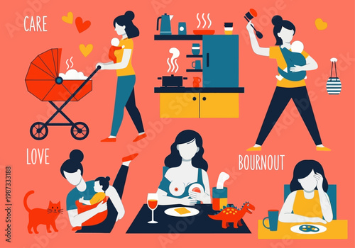 Motherhood Concept Illustration Depicting Care, Love, and Burnout; Scenes of a Multitasking Mother Breastfeeding, Cooking, Walking with a Stroller, and Feeling Exhausted