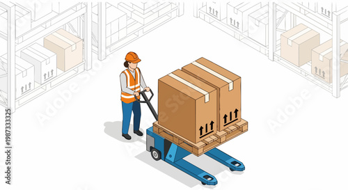 Isometric Warehouse Worker Using Manual Pallet Jack to Move Boxes in Large Logistics Center with Shelving and Cardboard Packaging