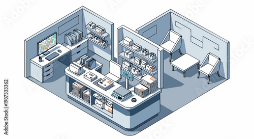 Isometric Post Office and Logistics Center Interior with Shipping Counter, Scales, Packages, and Waiting Area