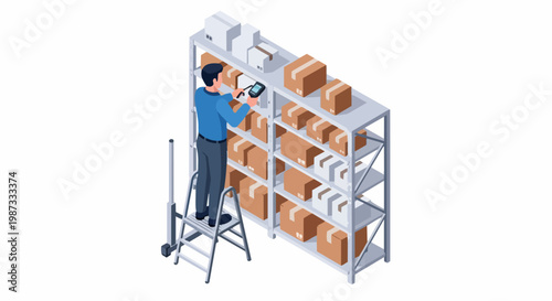 Isometric Warehouse Worker Scanning Cardboard Boxes on Shelves for Inventory Management and Logistics