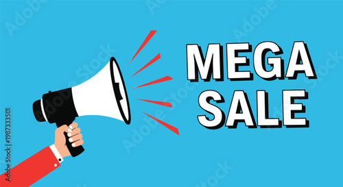 Hand holding a black megaphone with red sound waves and large white mega sale text against a bright blue background.
