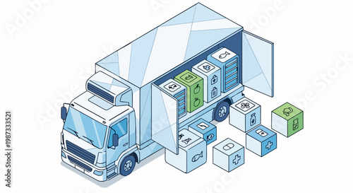 Isometric Refrigerated Delivery Truck Illustration for Cold Chain Logistics and Food Supply Chain