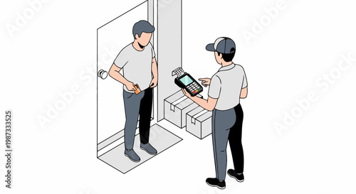Isometric Illustration of Courier Delivery Service with Customer Paying by Card at the Door using a POS Terminal