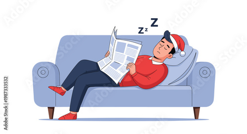 Tired young man wearing a red Santa hat and sleeping on a blue sofa while holding a newspaper after a holiday celebration.