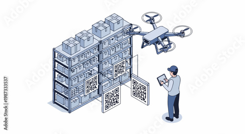 Automated Warehouse Logistics with Drone Scanning QR Codes and Worker Managing Inventory on Tablet Isometric Illustration