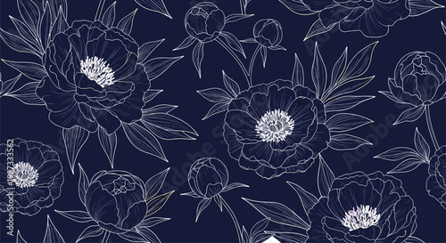 Elegant dark navy blue seamless pattern featuring white line art peony flowers and botanical buds for luxury textile wallpaper and sophisticated floral background designs