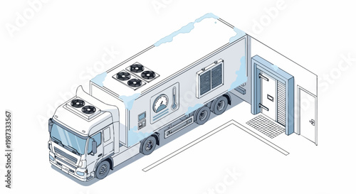Isometric Illustration of a Refrigerated Semi-Truck at a Warehouse Loading Dock for Cold Chain Logistics and Temperature-Controlled Transport