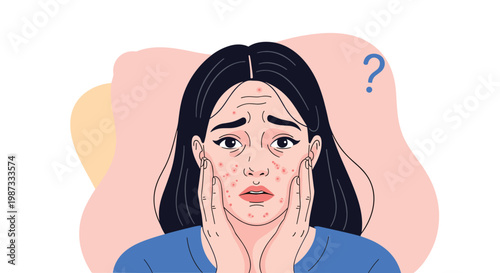 Worried young woman holding her face and looking in a mirror at acne spots and skin problems with a question mark.
