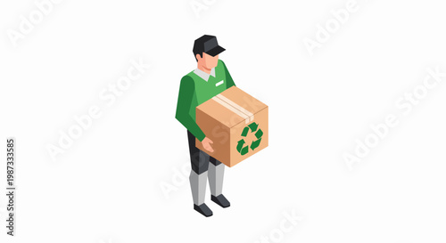 Isometric Courier Carrying Recyclable Cardboard Box, Sustainable Logistics and Eco-Friendly Delivery Service Concept Illustration