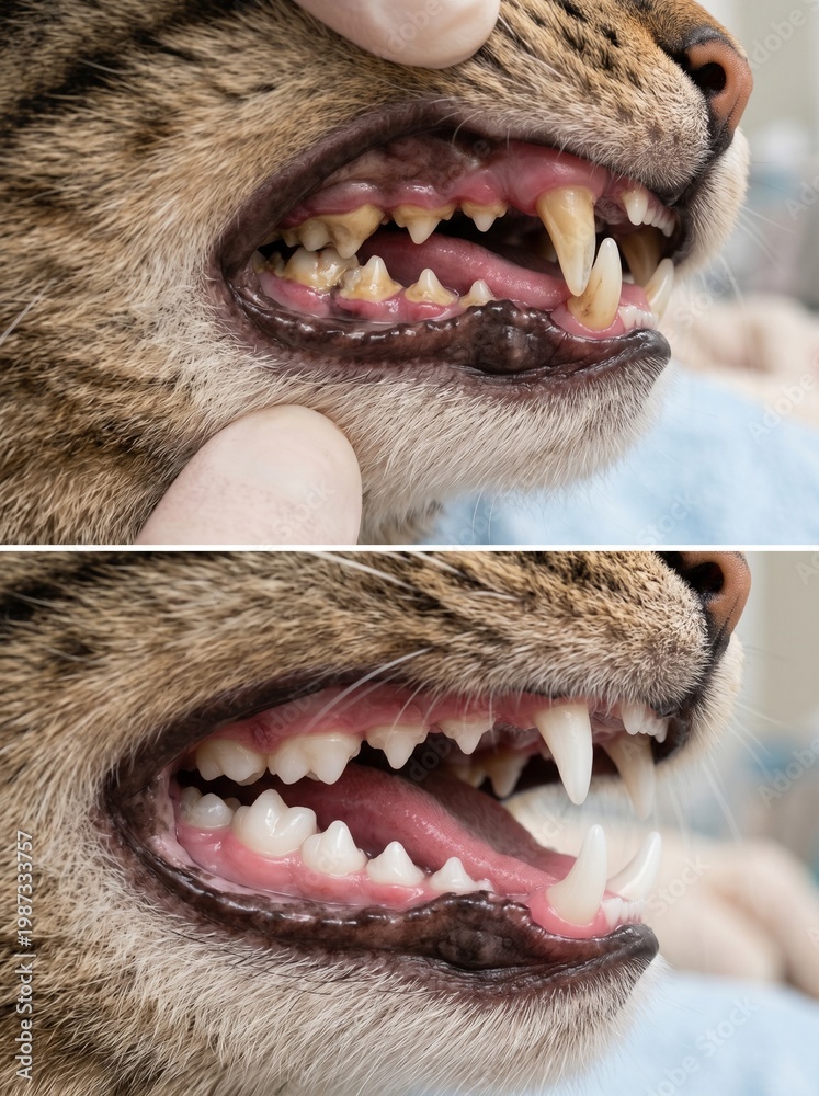 Fototapeta premium Before and after professional dental cleaning for cat showing removal of tartar and plaque in veterinary clinic