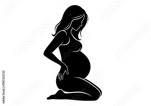 Elegant Silhouette of a Pregnant Woman Kneeling, Motherhood and Pregnancy Concept Vector Illustration