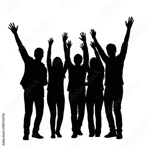 A group of people celebrating with their arms raised in the air