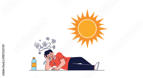 Exhausted man lying on the ground under a scorching hot sun with a water bottle representing heatstroke and dehydration.