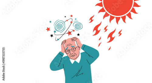 Elderly man holding his head in pain under a bright hot sun representing sunstroke and the health risks of heat waves for seniors.