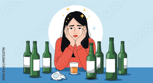 Sad and lonely woman sitting at a table surrounded by many green alcohol bottles and crying representing addiction or grief.