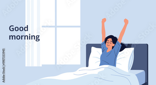 Happy young woman waking up and stretching her arms in bed with a good morning text and sunlight coming through the window.