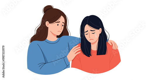 Kind woman placing her hand on the shoulder of a sad crying friend to provide comfort and emotional support during a difficult time.