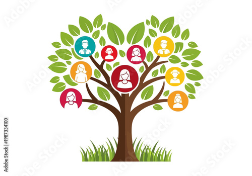 Family Tree Vector Illustration with People Icons Representing Genealogy, Heritage and Ancestry Connections