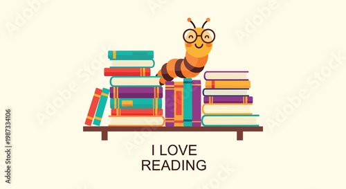 Friendly orange bookworm with glasses sits on a shelf full of colorful books to encourage literacy and the joy of reading.