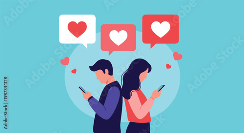 Man and woman stand back to back while using their smartphones for online dating and social media communication with heart icons.