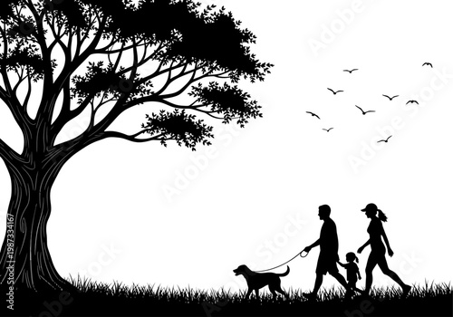 Silhouette of a Young Family with Child and Dog Walking in a Park under a Large Tree