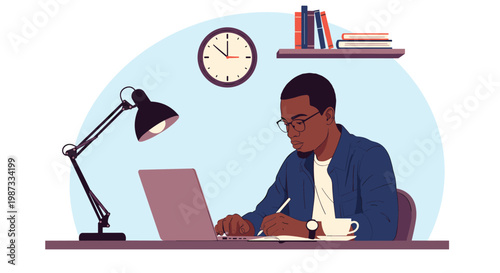 Focused man wearing glasses works on a laptop at a desk late at night in a home office with a lamp and coffee nearby.