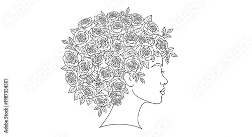 Line art illustration of a woman in profile with elaborate hair composed entirely of blooming roses and leaves for coloring.