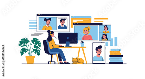 Woman works from home at her desk with multiple video call windows on screens and a sleeping cat to represent remote work.