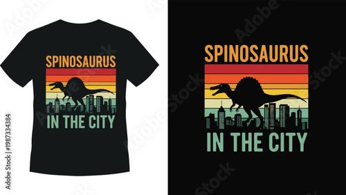 Spinosaurus in the City Retro Sunset Style T-Shirt Design with Silhouette of Dinosaur and City Skyline