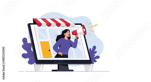 Woman shouts through a megaphone from a computer monitor with a red striped awning to represent online shopping and marketing.