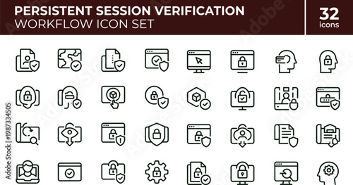 Persistent session verification workflow outline cybersecurity icon set illustrating continuous authentication identity validation monitoring and secure access lifecycle verification processes