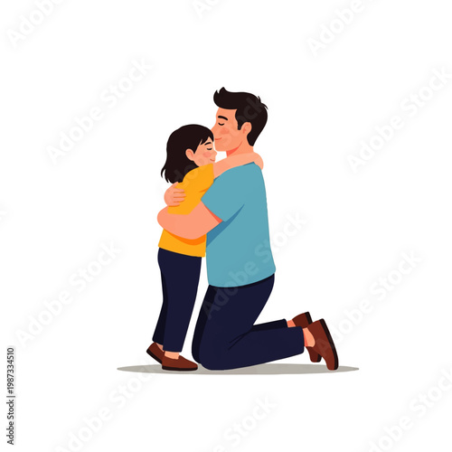 Vector flat design illustration of a loving father kneeling and hugging his daughter with a gentle kiss on her forehead