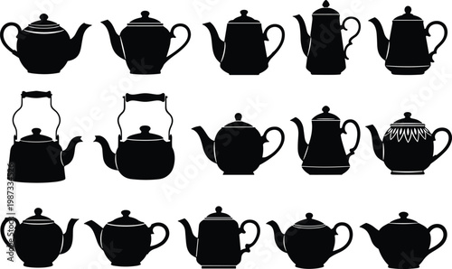 Flat vector illustration, fourteen teapot kettle silhouettes, diverse spout handle lid designs, black white kitchenware artwork, decorative concept