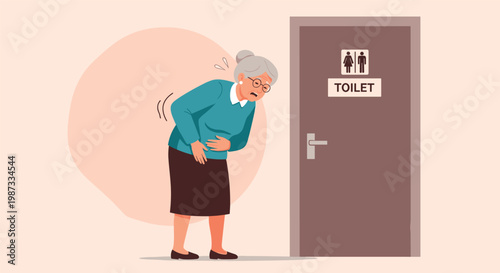Elderly woman with stomach pain and back discomfort stands near a toilet door while feeling unwell and needing assistance.