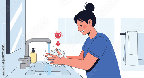 Happy woman washes her hands thoroughly with soap at a bathroom sink to kill germs and viruses for better personal hygiene.