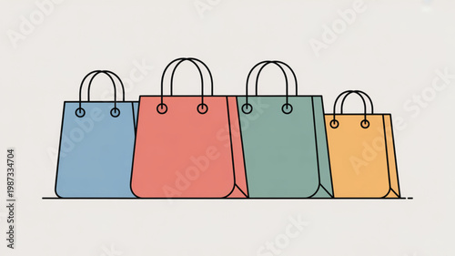 Set of four different sized shopping bags in pastel colors on a white background