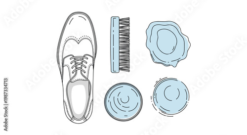 Top view of a classic white dress shoe arranged with a wooden brush and containers of shoe polish for leather care and shine.