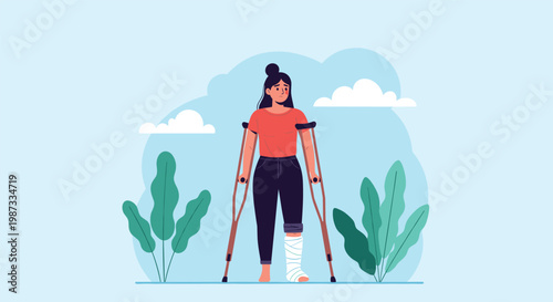 Sad woman stands on crutches with a cast on her lower leg to represent injury recovery and the challenge of physical disability.