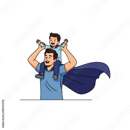 Vector flat design illustration of a father carrying his son on his shoulders, both smiling, with a superhero cape