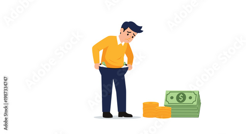 Sad man looks at his empty pockets while standing near a pile of money on the floor to symbolize poverty or financial loss.