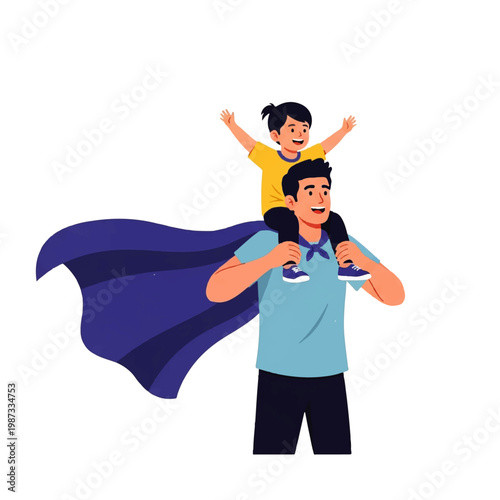 Vector flat design illustration of a father carrying his child on his shoulders with a superhero cape